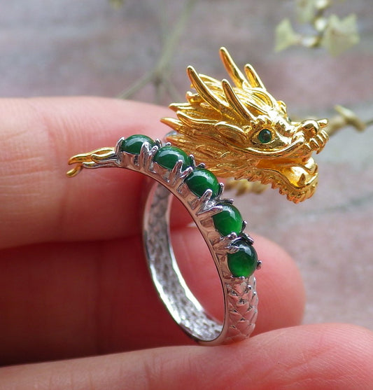 Certified Icy Green silver 0.925 Burma 100% Natural A JADE Jadeite Dragon Cabochon RING USA 6.5 戒指 649319 TN