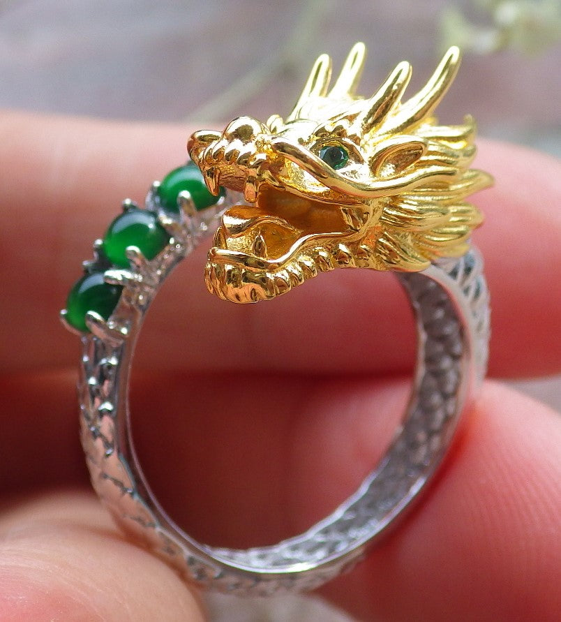 Certified Icy Green silver 0.925 Burma 100% Natural A JADE Jadeite Dragon Cabochon RING USA 6.5 戒指 649319 TN