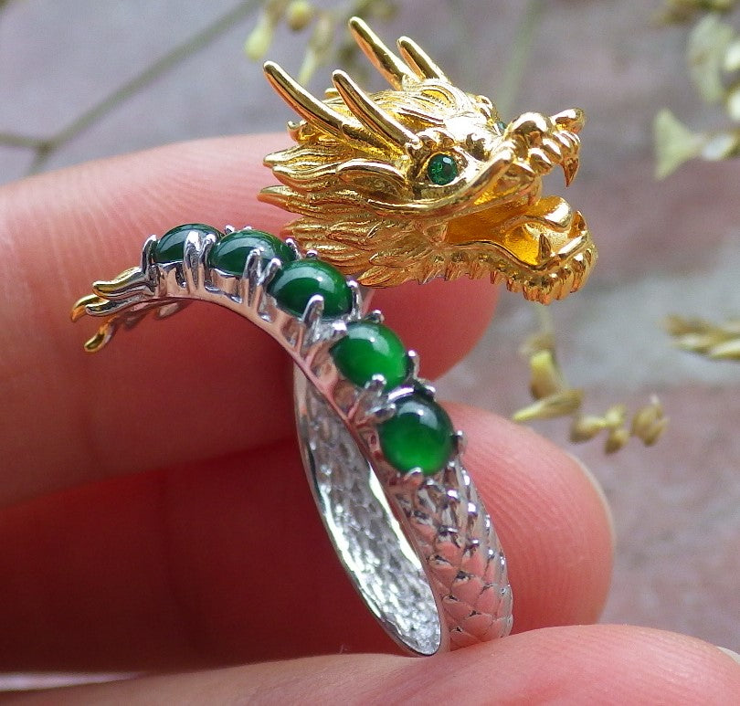 Certified Icy Green silver 0.925 Burma 100% Natural A JADE Jadeite Dragon Cabochon RING USA 6.5 戒指 649319 TN