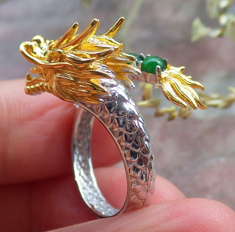 Certified Icy Green silver 0.925 Burma 100% Natural A JADE Jadeite Dragon Cabochon RING USA 6.5 戒指 649319 TN