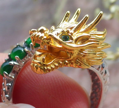 Certified Icy Green silver 0.925 Burma 100% Natural A JADE Jadeite Dragon Cabochon RING USA 6.5 戒指 649319 TN