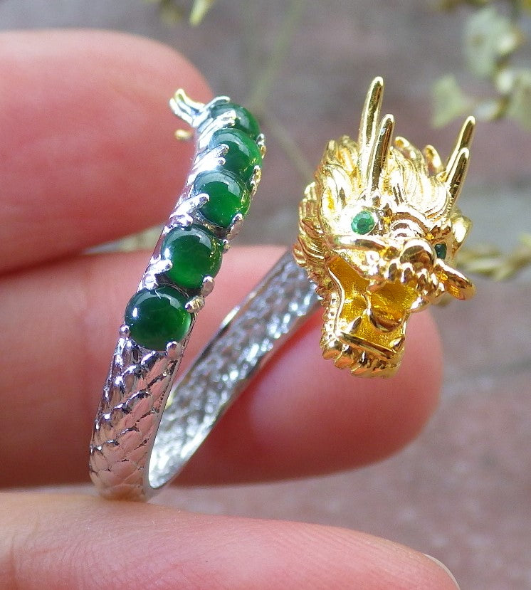 Certified Icy Green silver 0.925 Burma 100% Natural A JADE Jadeite Dragon Cabochon RING USA 6.5 戒指 649319 TN