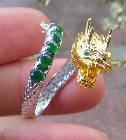 Certified Icy Green silver 0.925 Burma 100% Natural A JADE Jadeite Dragon Cabochon RING USA 6.5 戒指 649319 TN