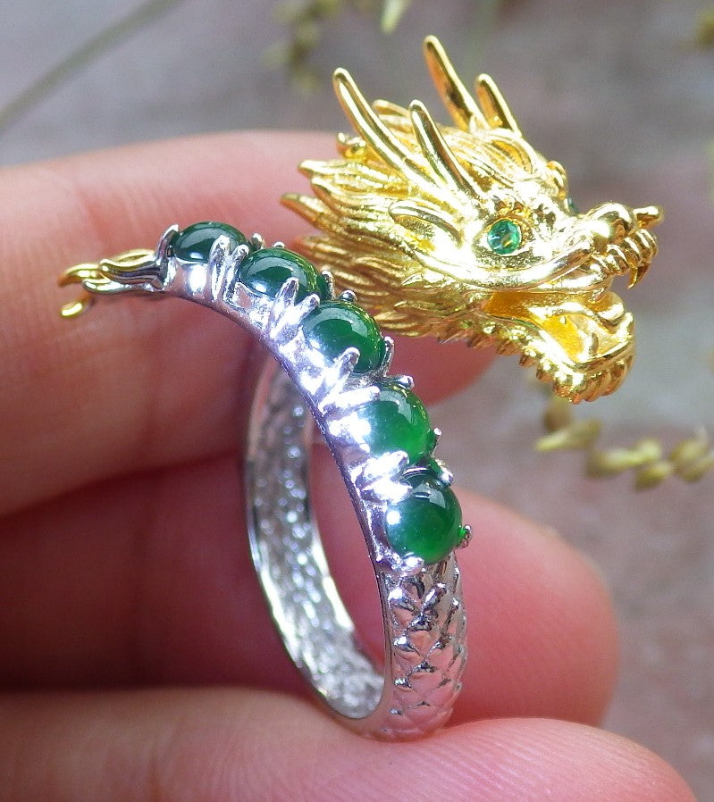 Certified Icy Green silver 0.925 Burma 100% Natural A JADE Jadeite Dragon Cabochon RING USA 6.5 戒指 649319 TN
