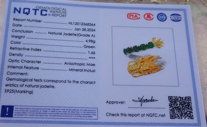 Certified Icy Green silver 0.925 Burma 100% Natural A JADE Jadeite Dragon Cabochon RING USA 6.5 戒指 649319 TN