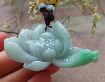 Certified Green Burma 100% Natural A Jade jadeite pendant Lotus Flower Necklace 花开富贵 649330 TN