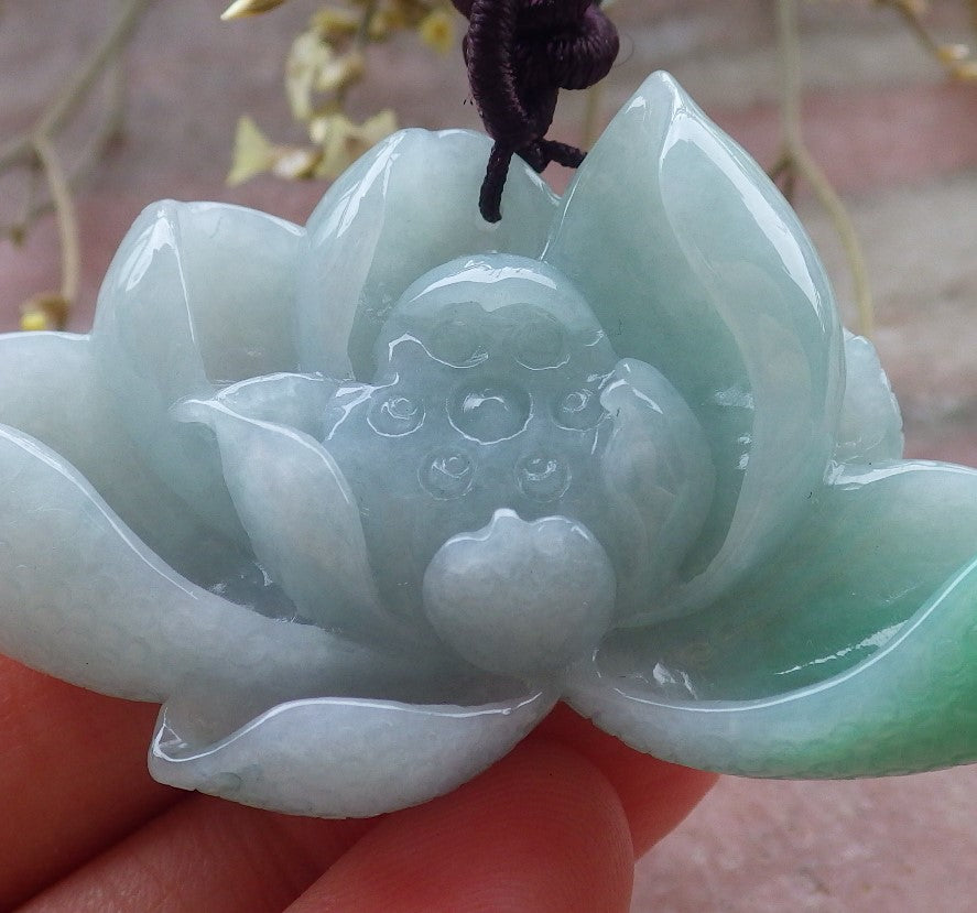 Certified Green Burma 100% Natural A Jade jadeite pendant Lotus Flower Necklace 花开富贵 649330 TN