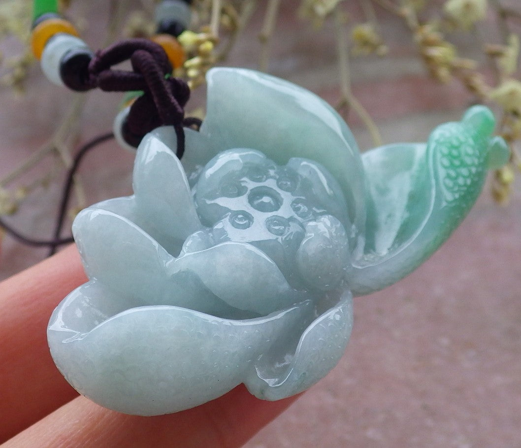 Certified Green Burma 100% Natural A Jade jadeite pendant Lotus Flower Necklace 花开富贵 649330 TN