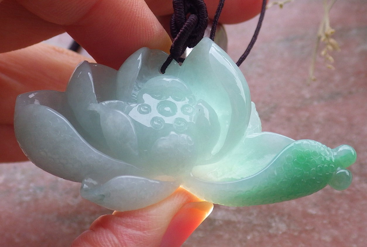 Certified Green Burma 100% Natural A Jade jadeite pendant Lotus Flower Necklace 花开富贵 649330 TN