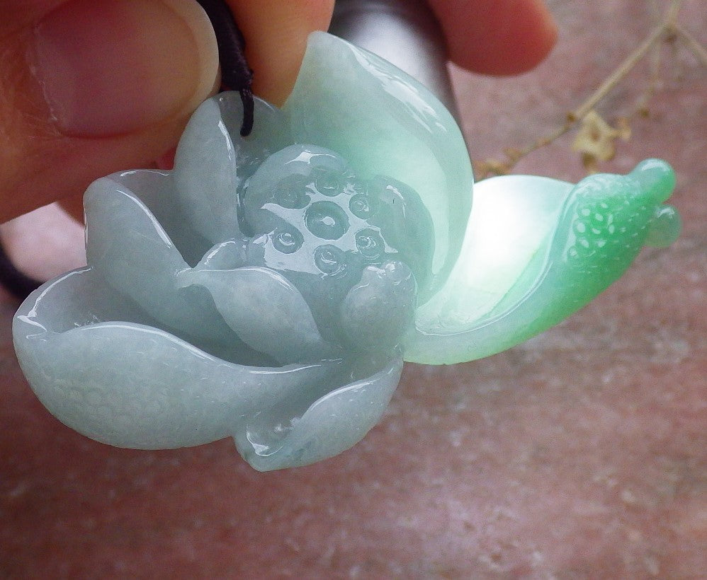 Certified Green Burma 100% Natural A Jade jadeite pendant Lotus Flower Necklace 花开富贵 649330 TN