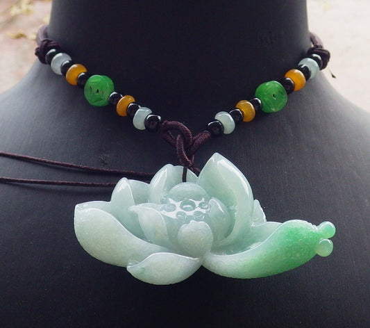 Certified Green Burma 100% Natural A Jade jadeite pendant Lotus Flower Necklace 花开富贵 649330 TN