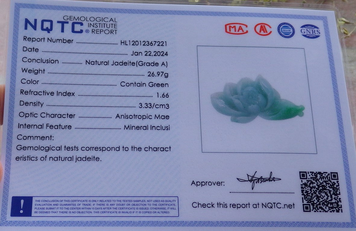 Certified Green Burma 100% Natural A Jade jadeite pendant Lotus Flower Necklace 花开富贵 649330 TN