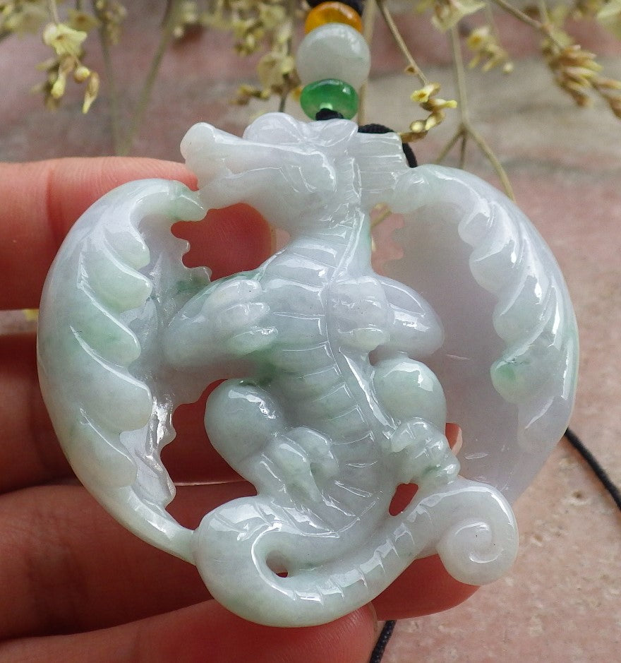 Certified Lavender Green Burma 100% Natural A Jade jadeite Pendant Flying Dragon Necklace 生意兴隆 649381 TN