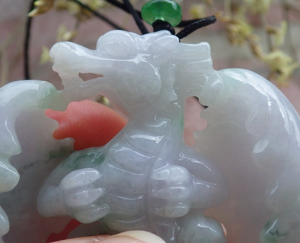 Certified Lavender Green Burma 100% Natural A Jade jadeite Pendant Flying Dragon Necklace 生意兴隆 649381 TN