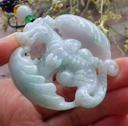Certified Lavender Green Burma 100% Natural A Jade jadeite Pendant Flying Dragon Necklace 生意兴隆 649381 TN