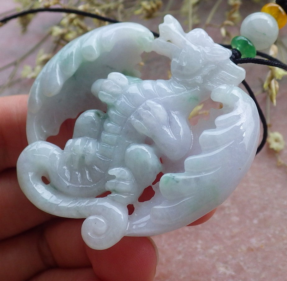 Certified Lavender Green Burma 100% Natural A Jade jadeite Pendant Flying Dragon Necklace 生意兴隆 649381 TN