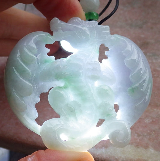 Certified Lavender Green Burma 100% Natural A Jade jadeite Pendant Flying Dragon Necklace 生意兴隆 649381 TN