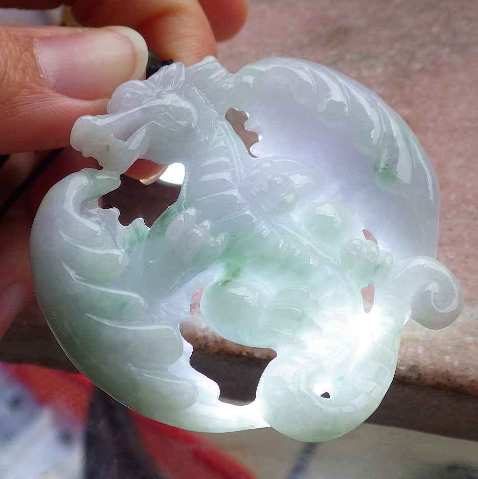 Certified Lavender Green Burma 100% Natural A Jade jadeite Pendant Flying Dragon Necklace 生意兴隆 649381 TN