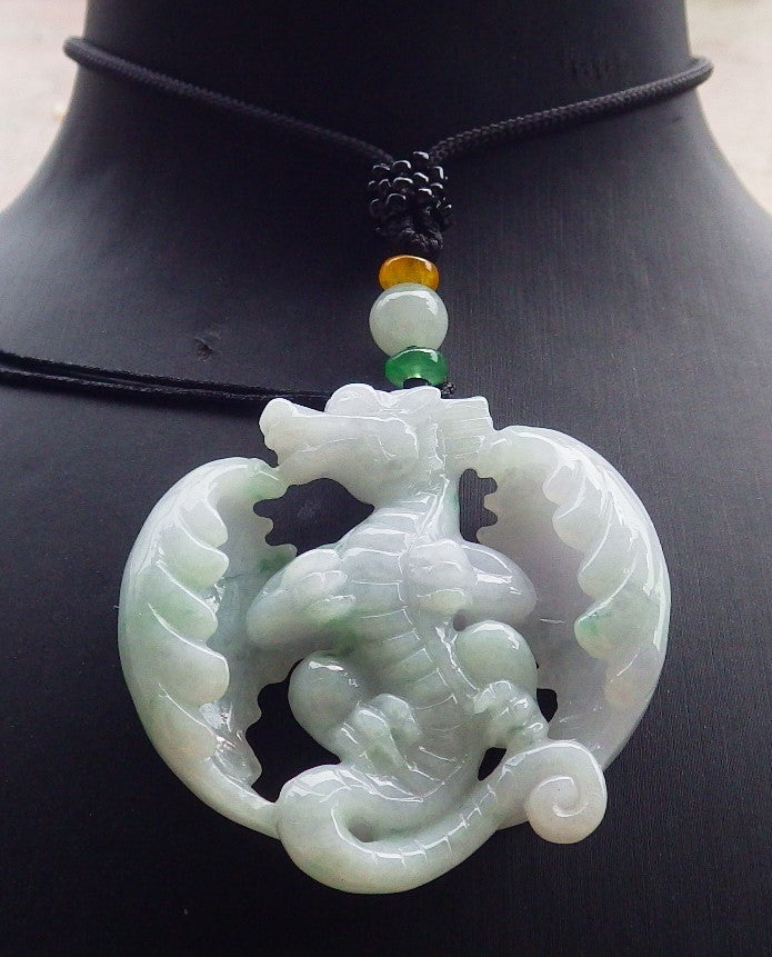 Certified Lavender Green Burma 100% Natural A Jade jadeite Pendant Flying Dragon Necklace 生意兴隆 649381 TN