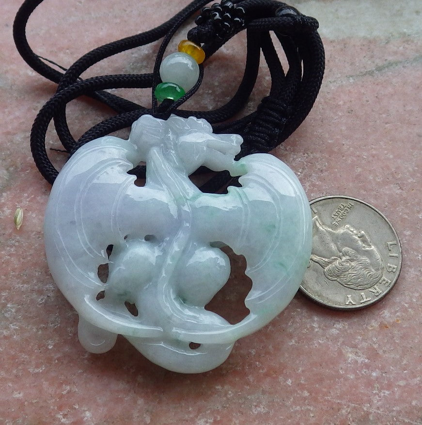 Certified Lavender Green Burma 100% Natural A Jade jadeite Pendant Flying Dragon Necklace 生意兴隆 649381 TN