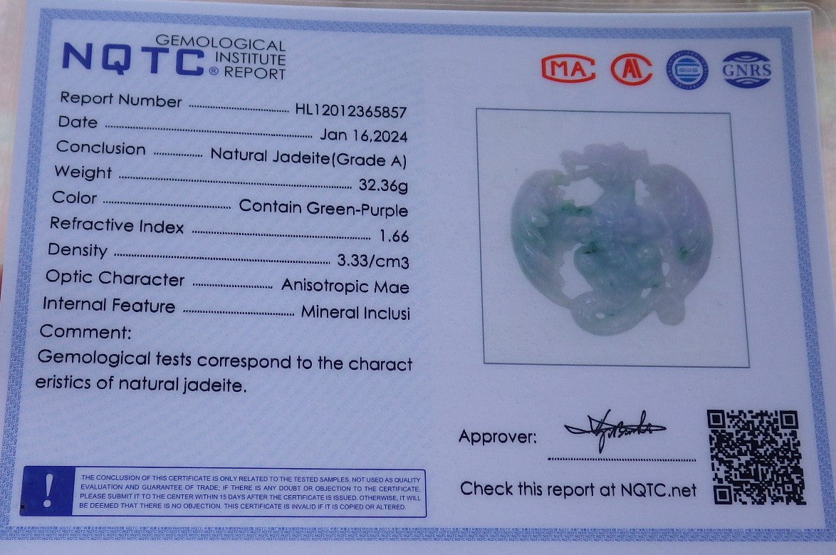 Certified Lavender Green Burma 100% Natural A Jade jadeite Pendant Flying Dragon Necklace 生意兴隆 649381 TN