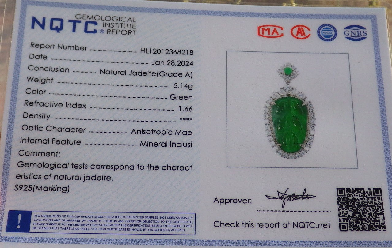 Icy Green Silver 925 Certified BURMA 100% Natural A JADE Jadeite pendant Leaf Necklace 事业有成 649422 TN