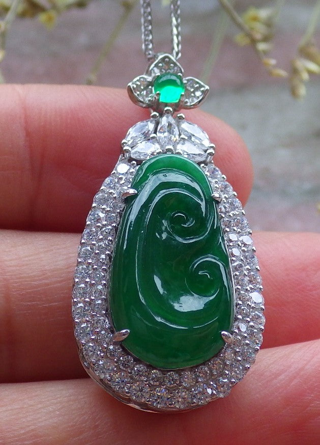 Icy Green Silver 925 Certified Burma 100% Natural A JADE Jadeite pendant Lotus Flower Ruyi Necklace 如意649444 TN