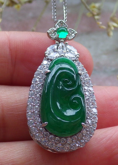 Icy Green Silver 925 Certified Burma 100% Natural A JADE Jadeite pendant Lotus Flower Ruyi Necklace 如意649444 TN