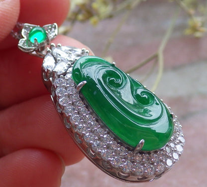 Icy Green Silver 925 Certified Burma 100% Natural A JADE Jadeite pendant Lotus Flower Ruyi Necklace 如意649444 TN