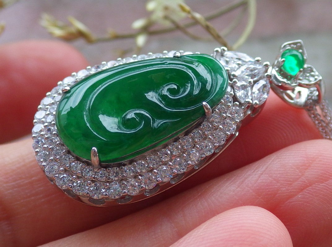 Icy Green Silver 925 Certified Burma 100% Natural A JADE Jadeite pendant Lotus Flower Ruyi Necklace 如意649444 TN