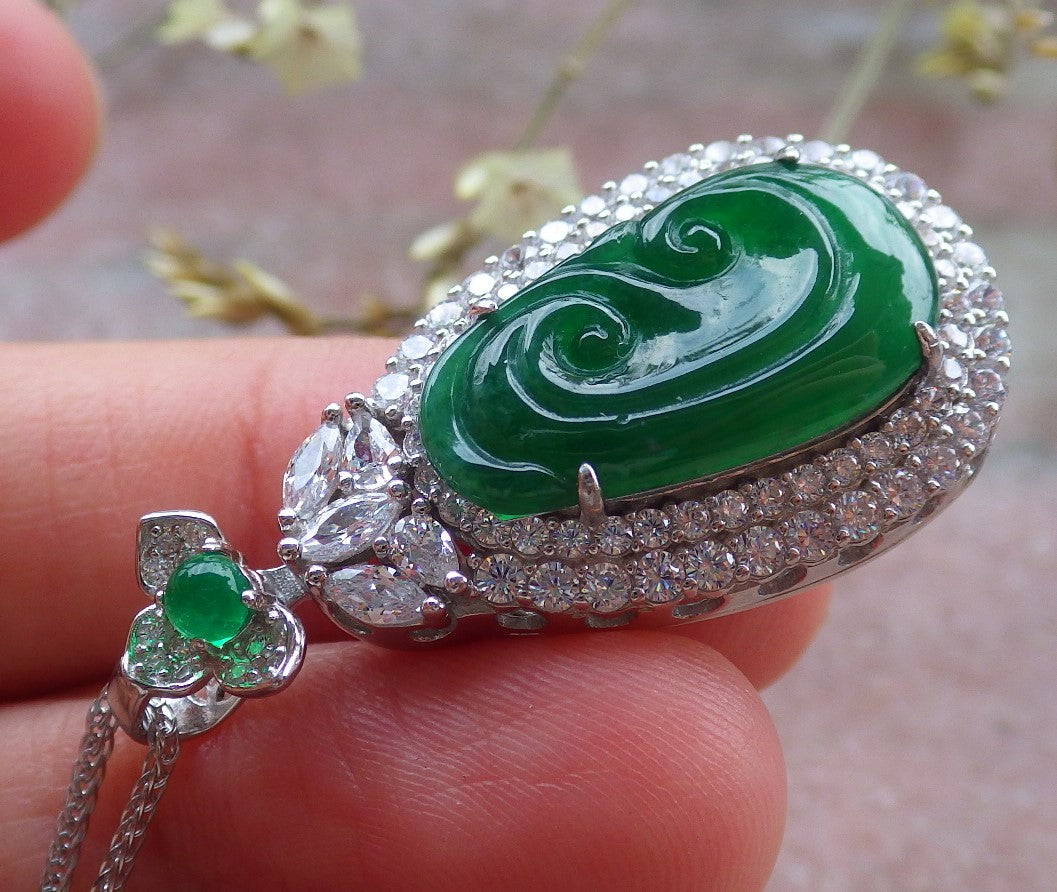 Icy Green Silver 925 Certified Burma 100% Natural A JADE Jadeite pendant Lotus Flower Ruyi Necklace 如意649444 TN