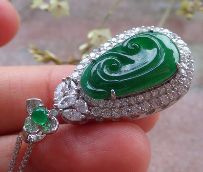 Icy Green Silver 925 Certified Burma 100% Natural A JADE Jadeite pendant Lotus Flower Ruyi Necklace 如意649444 TN