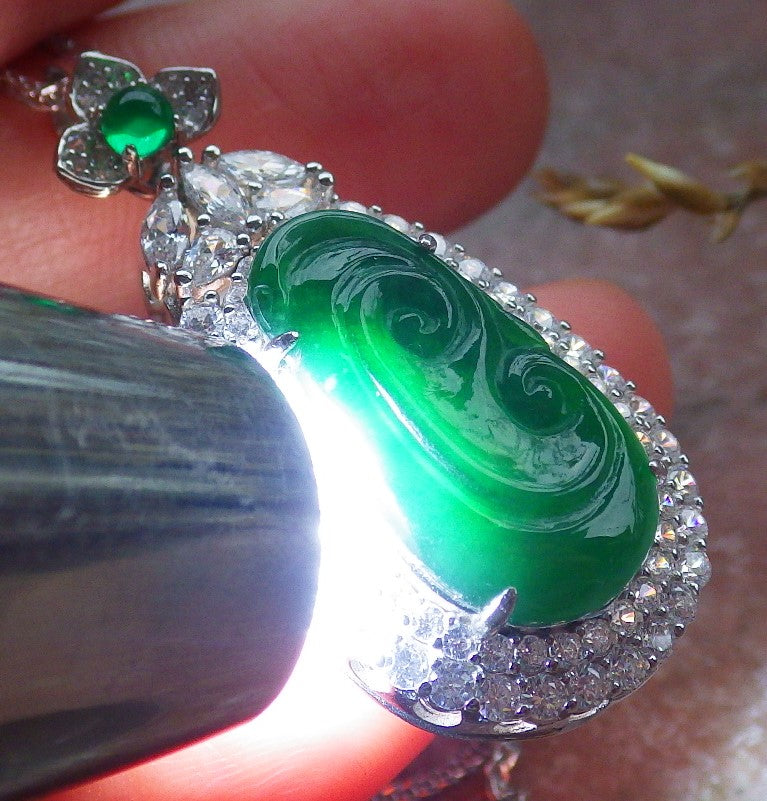 Icy Green Silver 925 Certified Burma 100% Natural A JADE Jadeite pendant Lotus Flower Ruyi Necklace 如意649444 TN