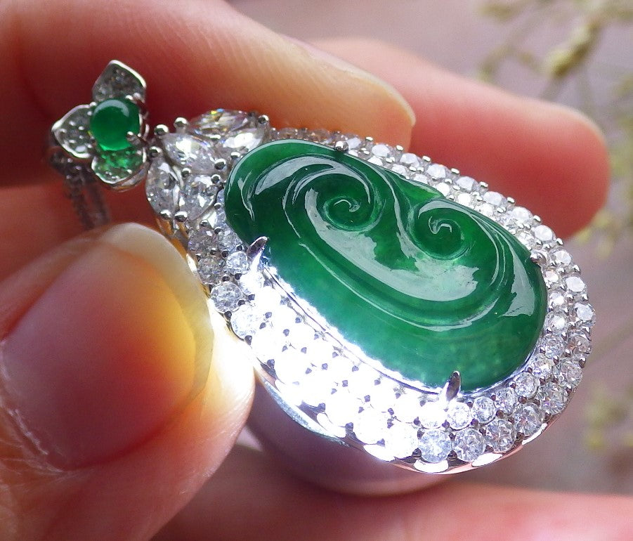 Icy Green Silver 925 Certified Burma 100% Natural A JADE Jadeite pendant Lotus Flower Ruyi Necklace 如意649444 TN