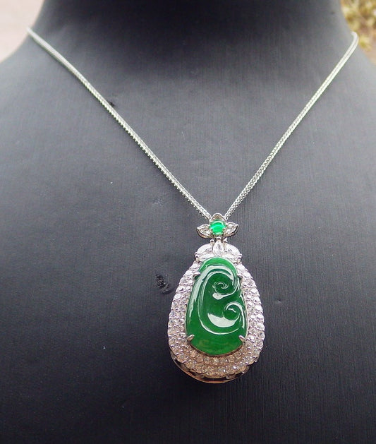 Icy Green Silver 925 Certified Burma 100% Natural A JADE Jadeite pendant Lotus Flower Ruyi Necklace 如意649444 TN