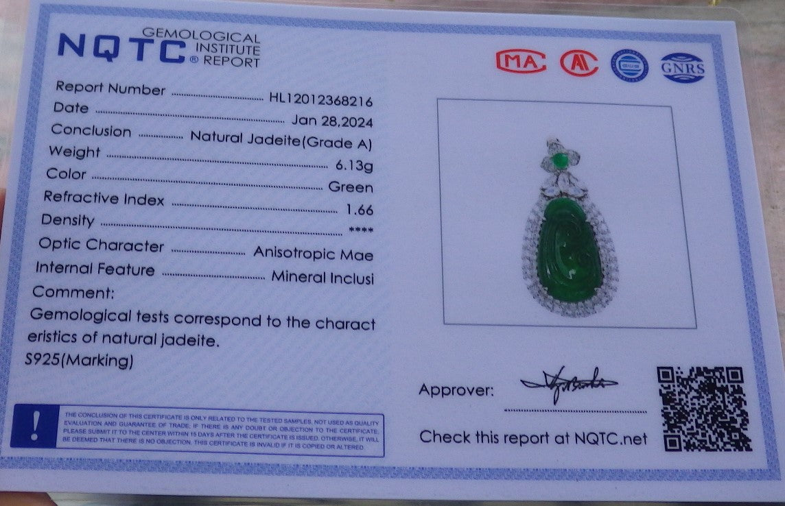 Icy Green Silver 925 Certified Burma 100% Natural A JADE Jadeite pendant Lotus Flower Ruyi Necklace 如意649444 TN
