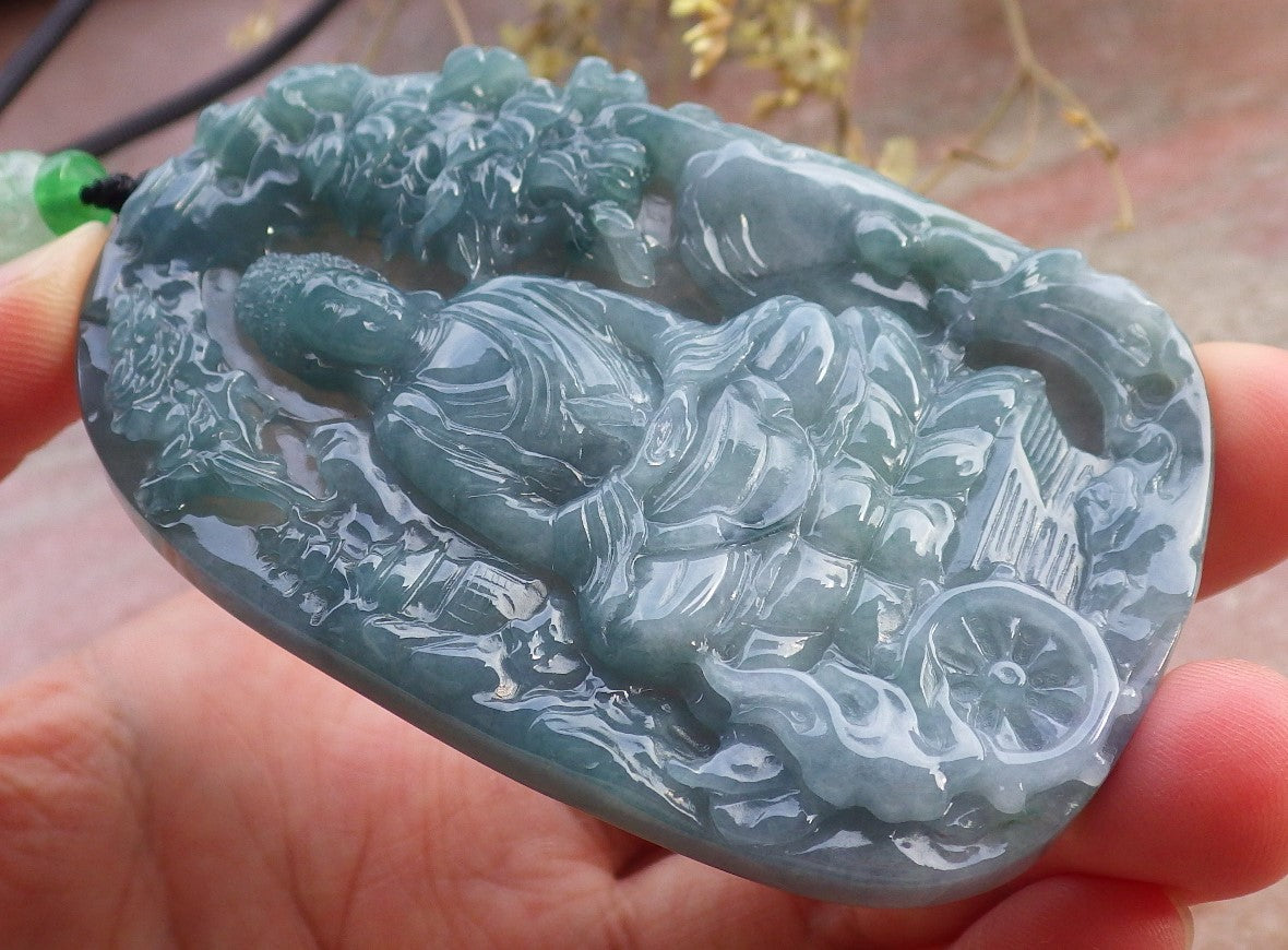 Certified Icy Green Pale Lavender Burma 100% Natural A Jade jadeite Pendant Landscape painting Guanyin Kwan Yin Tree Necklace 山水画 649514 TN