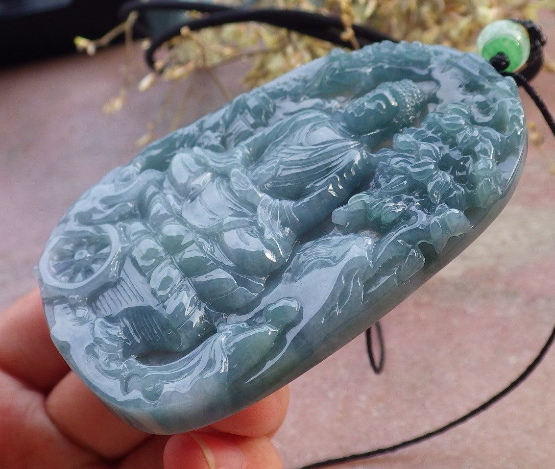 Certified Icy Green Pale Lavender Burma 100% Natural A Jade jadeite Pendant Landscape painting Guanyin Kwan Yin Tree Necklace 山水画 649514 TN
