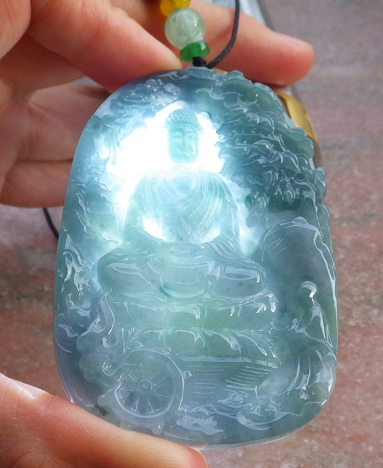 Certified Icy Green Pale Lavender Burma 100% Natural A Jade jadeite Pendant Landscape painting Guanyin Kwan Yin Tree Necklace 山水画 649514 TN