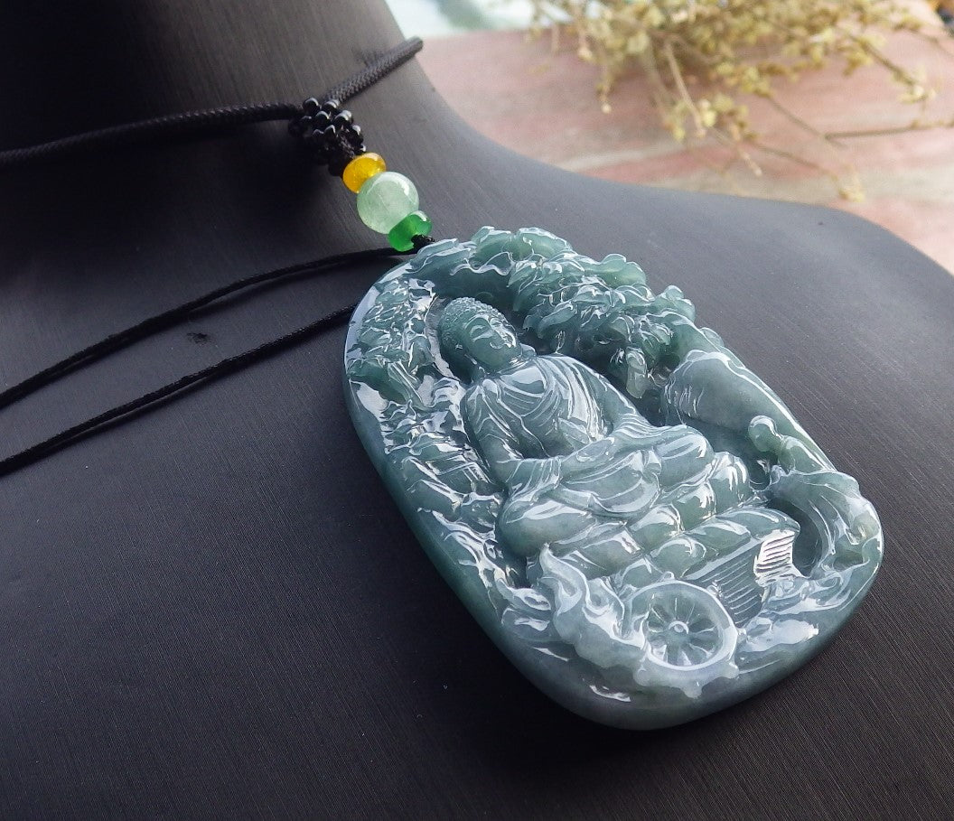 Certified Icy Green Pale Lavender Burma 100% Natural A Jade jadeite Pendant Landscape painting Guanyin Kwan Yin Tree Necklace 山水画 649514 TN