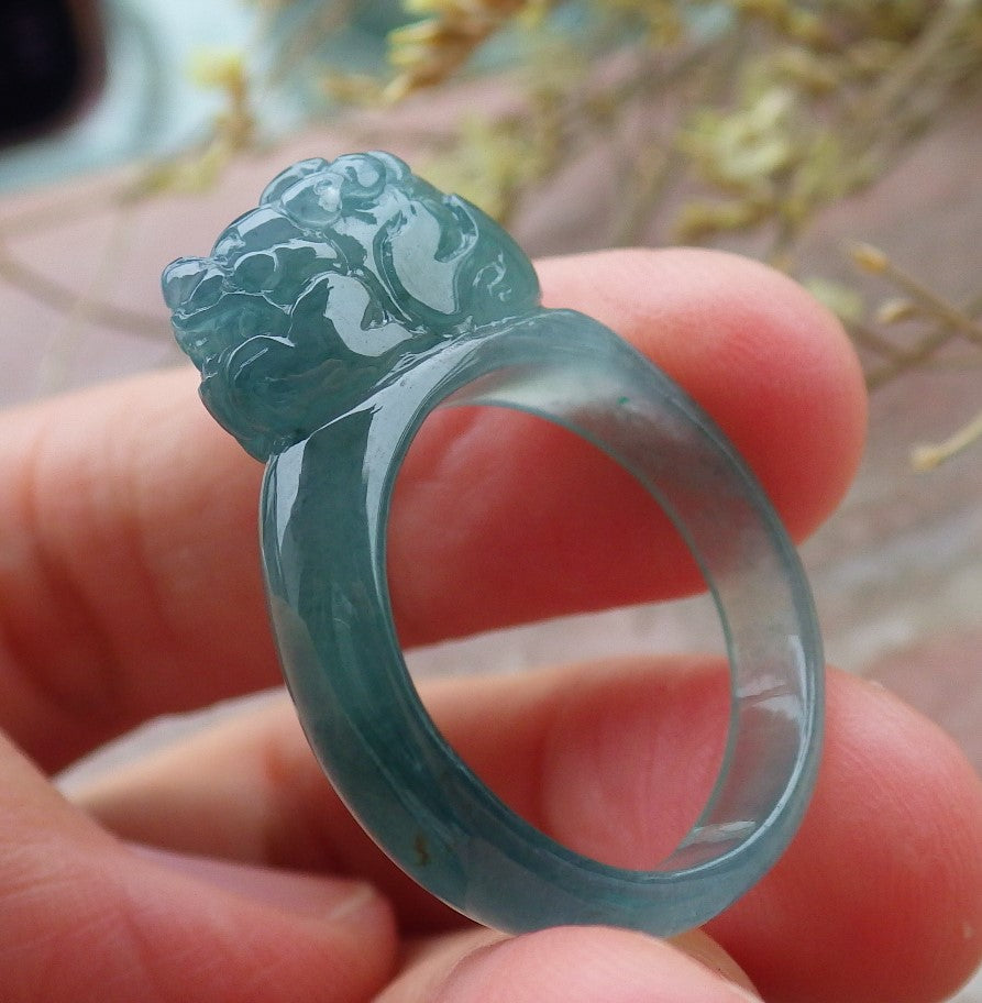 Certified Icy Green Burma 100% Natural A JADE Jadeite Dragon Pi Xiu RING USA. 8 戒指 649569 TN