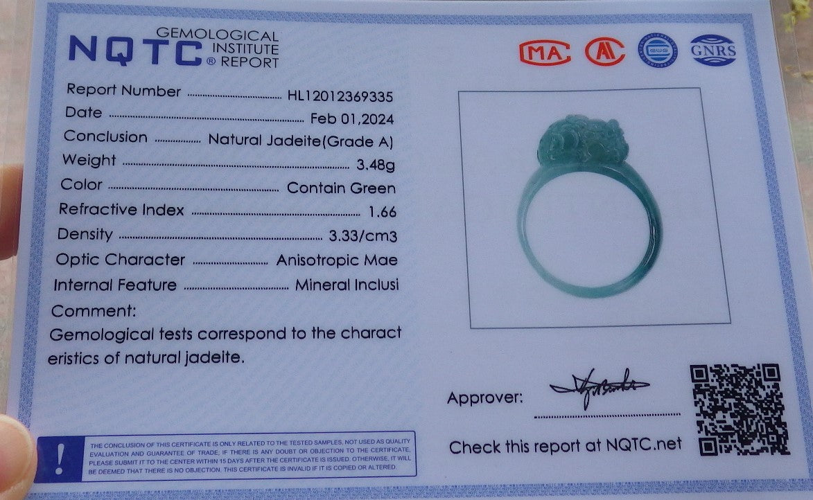 Certified Icy Green Burma 100% Natural A JADE Jadeite Dragon Pi Xiu RING USA. 8 戒指 649569 TN