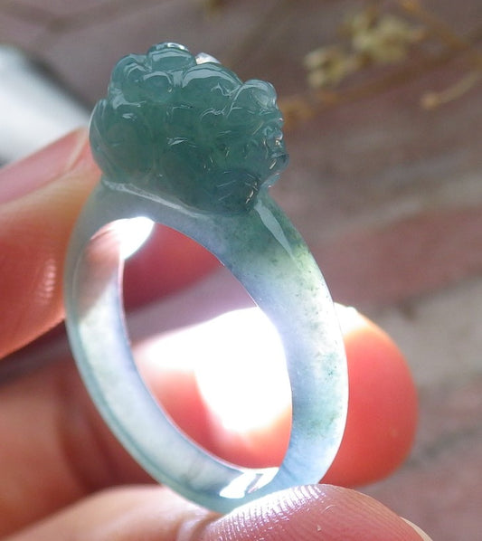 Certified Icy Green Burma 100% Natural A JADE Jadeite Dragon Pi Xiu RING USA. 8.25 戒指 649577 TN