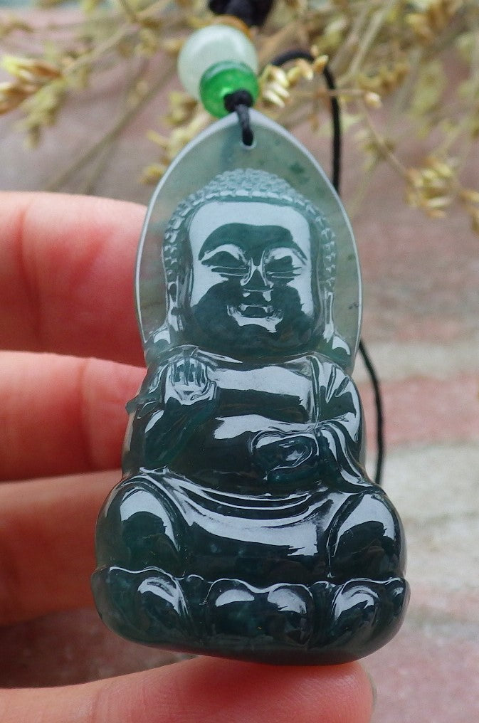 Certified Icy Green Burma 100% Natural A Jade jadeite pendant Sakyamuni Buddha God Necklace 释迦牟尼 649595 TN
