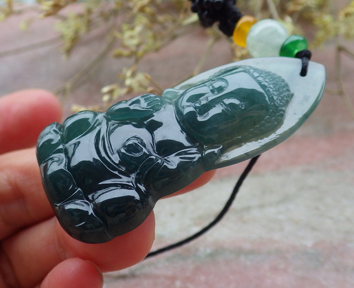 Certified Icy Green Burma 100% Natural A Jade jadeite pendant Sakyamuni Buddha God Necklace 释迦牟尼 649595 TN