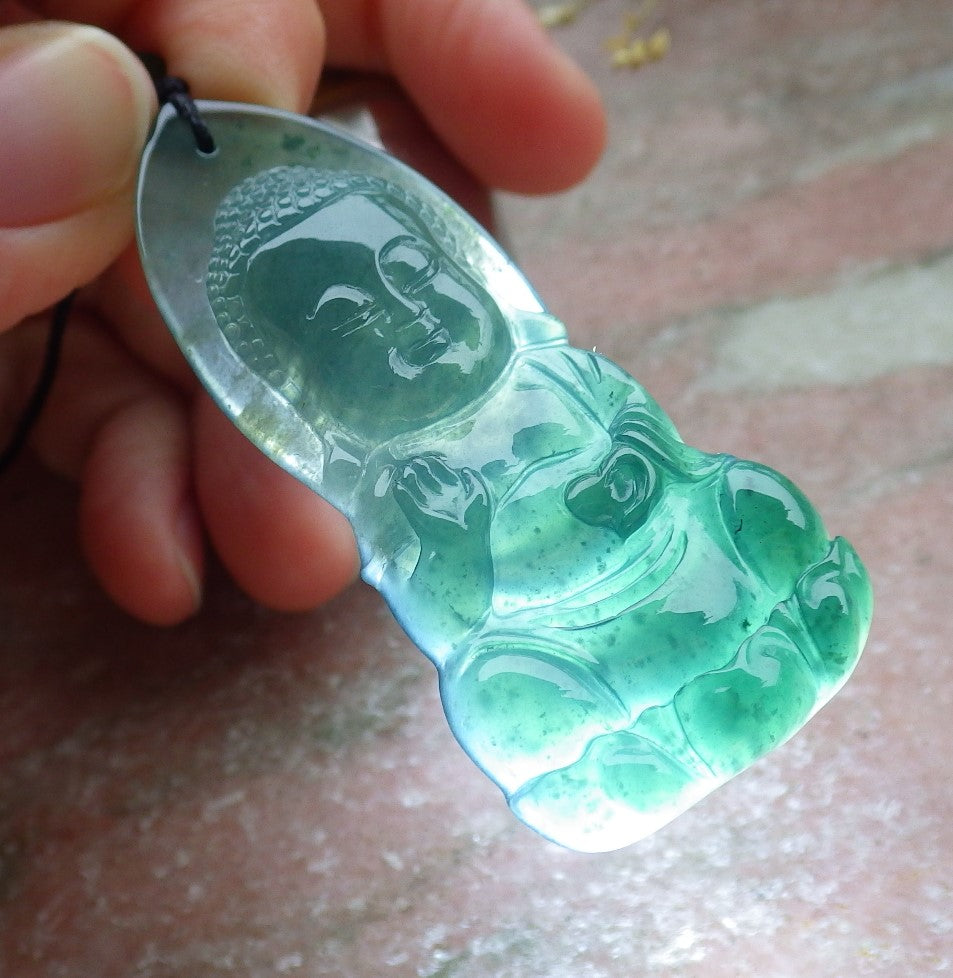 Certified Icy Green Burma 100% Natural A Jade jadeite pendant Sakyamuni Buddha God Necklace 释迦牟尼 649595 TN