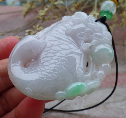 Certified Green Burma 100% Natural A Jade jadeite Pendant Dragon Fish Ruyi Necklace 龙鱼 649612 TN