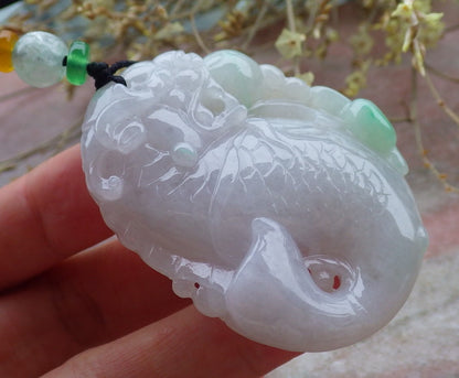 Certified Green Burma 100% Natural A Jade jadeite Pendant Dragon Fish Ruyi Necklace 龙鱼 649612 TN