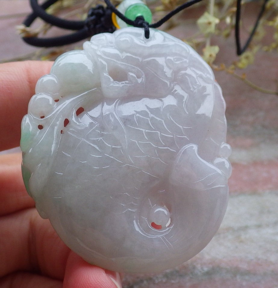 Certified Green Burma 100% Natural A Jade jadeite Pendant Dragon Fish Ruyi Necklace 龙鱼 649612 TN