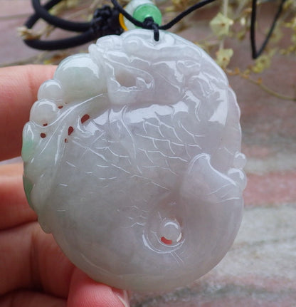 Certified Green Burma 100% Natural A Jade jadeite Pendant Dragon Fish Ruyi Necklace 龙鱼 649612 TN